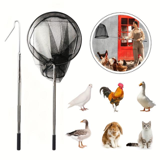 TEMU 1 Set, Extendable Chicken Catcher Leg Hook With Chicken Net 2-in-1 Stainless Steel Poultry Hook Catcher, Handle Tool For Catching Poultry, Chickens, Fire Chickens, Ducks, And Fish