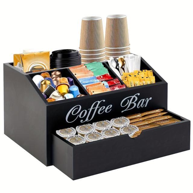 TEMU Wooden Storage Table For Coffee Bar, Featuring A Drawer And Additions Rack, Ideal For Organizing Coffee And Tea Condiments In A Farmhouse Style