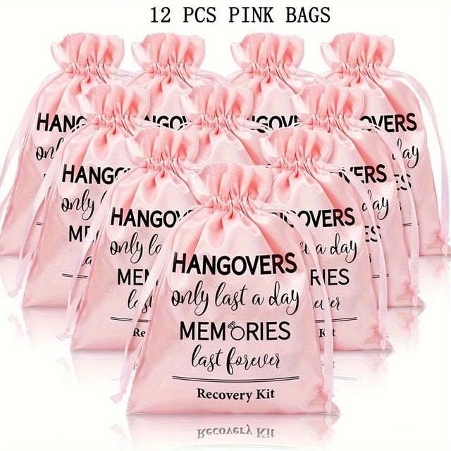 TEMU 12pcs Pink Wedding Hangover Kit Bags - Large Drawstring Favor Bags For Bridal Showers & Bachelorette Parties, Perfect Survival Recovery Gift Wrap, Party Favors, Christmas, Halloween