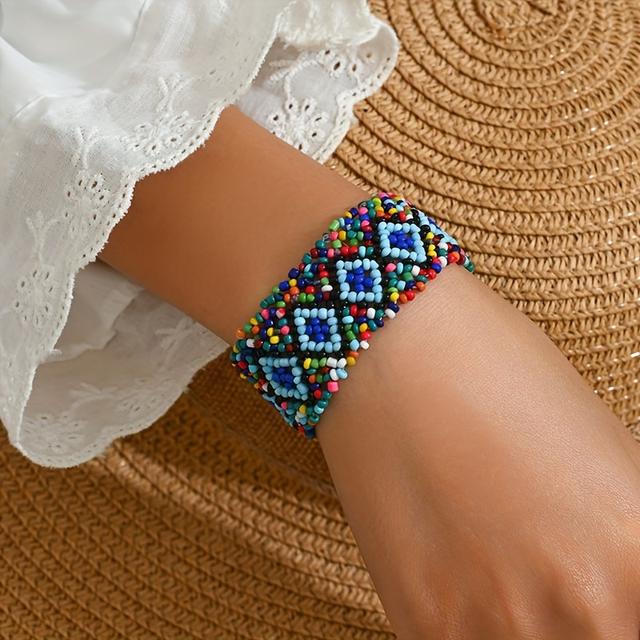 TEMU Pulsera de cuentas elásticas geométricas hecha a mano para mujer (Hecha a mano, los colores, patrones y formas pueden )