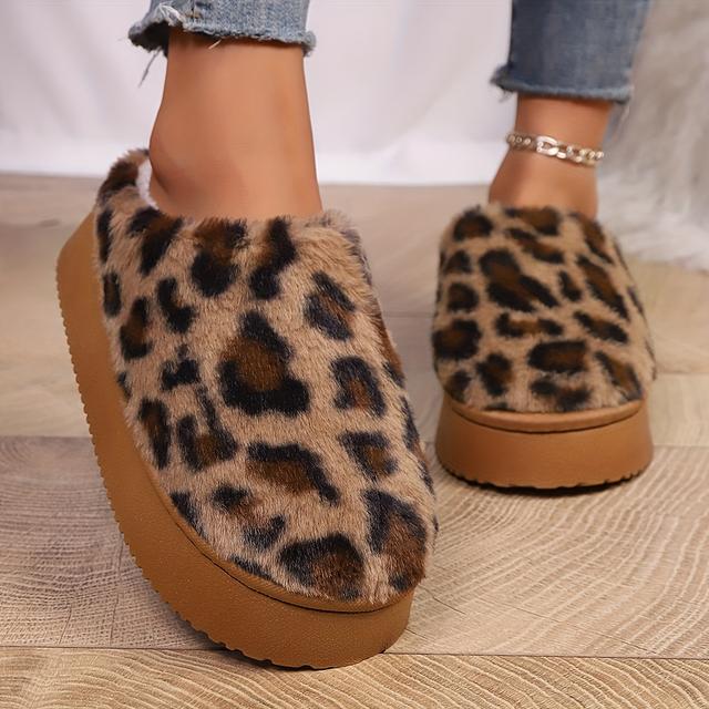 TEMU Women's Plush Leopard Print House Slippers - Cozy Fuzzy & Anti-slip Sole, Beige & Animal Pattern /outdoor Winter Shoes, Soft Plush Fabric Upper (leopard Paw) For Lounge, Bed To - Machine Washable