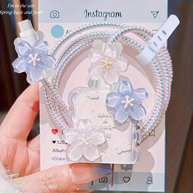 TEMU 5개/세트 블루 앤 화이트 입체 꽃 쉘 아이폰 18-20W 충전기 보호 케이스, 애플 데이터 케이블 파손 방지 보호 케이스