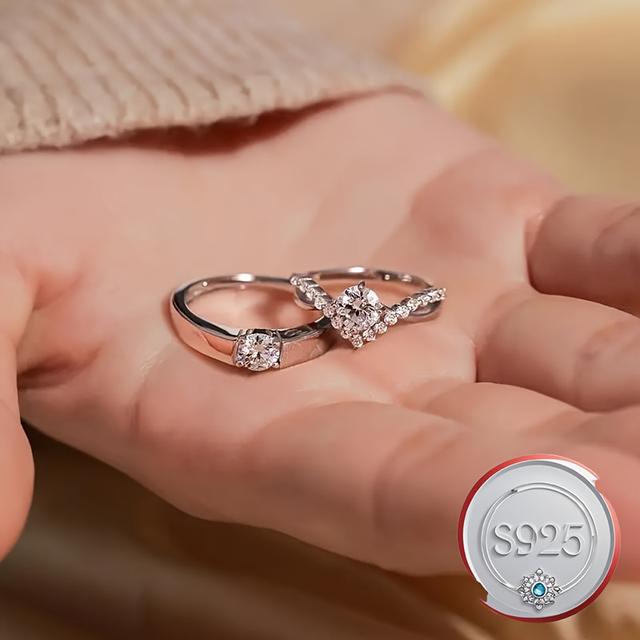 TEMU Elegant 925 Sterling Silver Adjustable Couple Rings With 1 Carat Cubic Zirconia, Valentine's Day Gift, Four-claw Setting, Engagement Ring