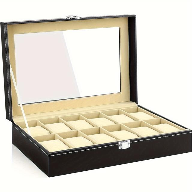 TEMU Watch Box With 12 Slots Pu Leather Watch Display Case Watch Storage Box With Glass Lid Removable Watch Pillows Velvet Lining Lockable Metal Clasp For Men And Women