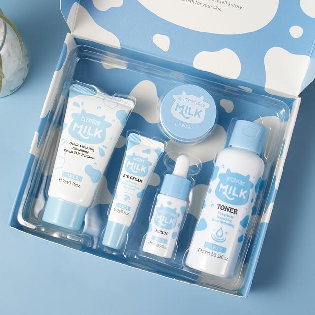 TEMU Laikou Milk Daily Skincare 5pcs Gift Set, Face Wash 50g, Serum 17ml, Toner 100ml, Eye Cream 15g, Moisture Face Cream 25g, With Shea Butter, Niacinamide & Vitamin E
