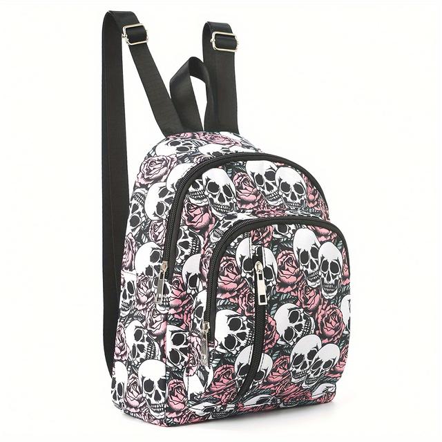 TEMU 1pc Fashion Skull & Flower Pattern Backpack, Gothic Style Daypack, Women's Casual Travel Schoolbag