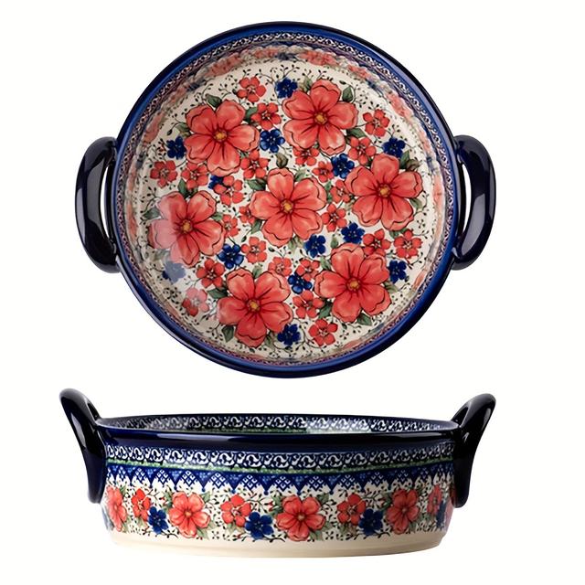 TEMU Cherry Ceramic Casserole Dish - Vintage Style, Oven & Microwave Safe, Rust-resistant Bakeware With Handles For