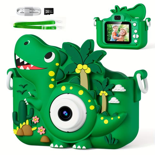 TEMU Green Dinosaur ' Hd Camera Toy With Dual Lens, 1080p Video, Usb Rechargeable, Fun For Ages 3-12, Includes Palm Trees & Clouds Design, Dinosaur Toys