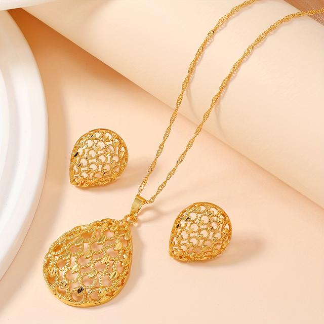 TEMU Middle Eastern Dubai Wedding Bridal Elegant Hollow Drop-shaped Ladies Jewelry Set 2pcs/set - For S And Women - Copper