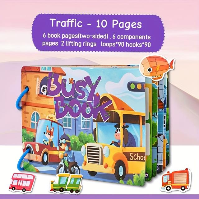 TEMU Reusable Traffic-themed Busy Book, Cognitive Shape And Color Matching Puzzle, Diy Interactive Toy Book For Cultivating Skills, Quiet Book Suitable As Holiday Gifts For Boys And Girls. Flashcards