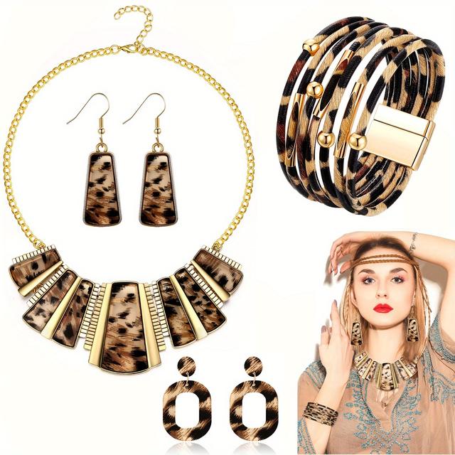 TEMU 4pcs Leopard Necklace Earrings Bracelets Jewelry Set Women Bohemia Leopard Print Bib Chain Necklace Bracelet Print Jewelry Multi Layer Wrist Cuff Wrap Bracelet Leopard Gift Accessories