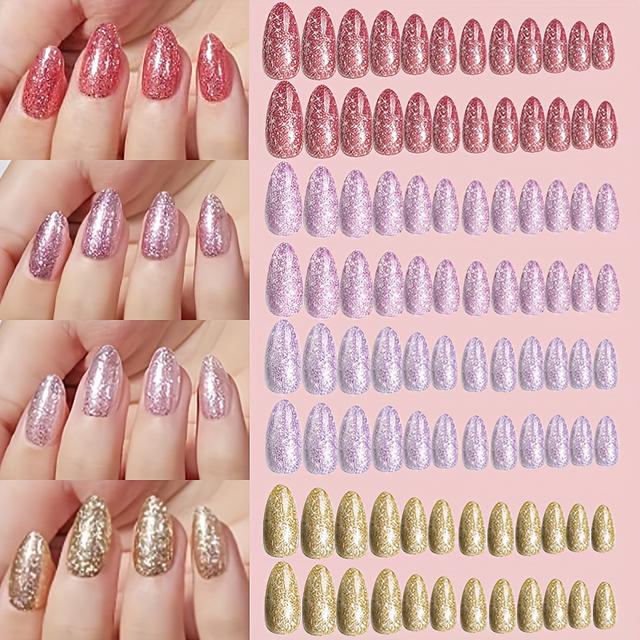 TEMU 96pcs Short Almond Press-on Nails, Flash Powder Fake Nail Extensions Set, 12 Sizes, , Suitable For Christmas, Valentine's Day, Parties, And Special Occasions, For Women's Nail Art