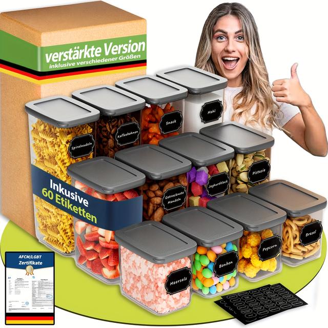 TEMU Lufttäta förvaringsbehållare med lock, 6/12-pack, Müsli- och mjölförvaring, Praktisk köksorganizer, Matförvaring för färskhet, Grå