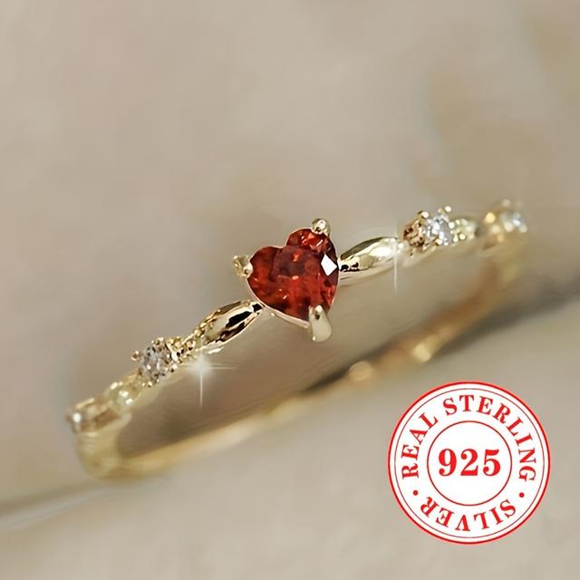TEMU S925 Sterling Silver Thin Ring With Red Synthetic Zirconia , A Wedding And Engagement Ring For Women