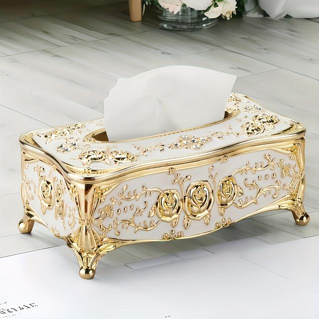 TEMU 2025 صندوق مناديل بتصميم وردي ، حامل مناديل مطلي بالذهب بأسلوب أوروبي وأمريكي فاخر لغرفة المعيشة، الحمام، طاولة الزينة، طاولة السرير، المطبخ، الفندق، KTV، البار، المطعم، الاستخدام المنزلي