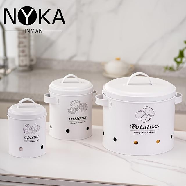 TEMU Ensemble de 3 récipients de rangement pratiques pour légumes dans une cuisine de ferme, comprenant un porte-ail, un pot à oignons et un boîtier de conservation des pommes de .