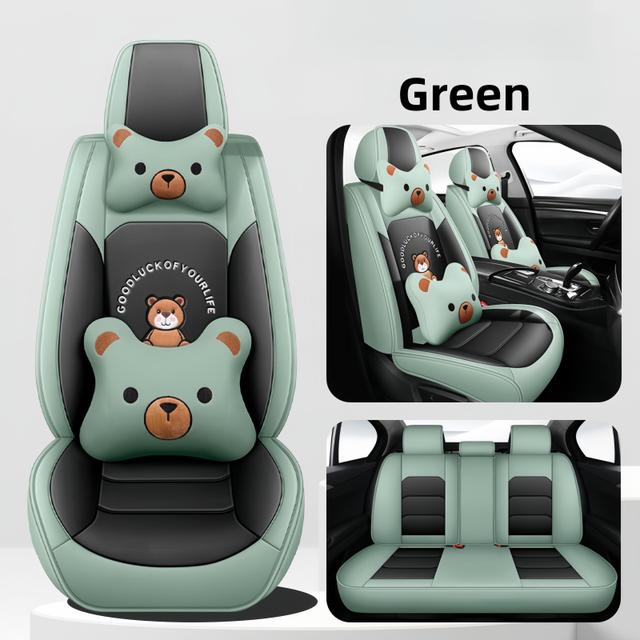 TEMU وسادة مقعد سيارة من الجلد الصناعي لـ 5 مقاعد، كاملة، على مدار السنة، تصميم دب لطيف، غطاء مقعد سيارة كامل، وسادة مقعد سميكة، واقي مقعد سيارة، أخضر