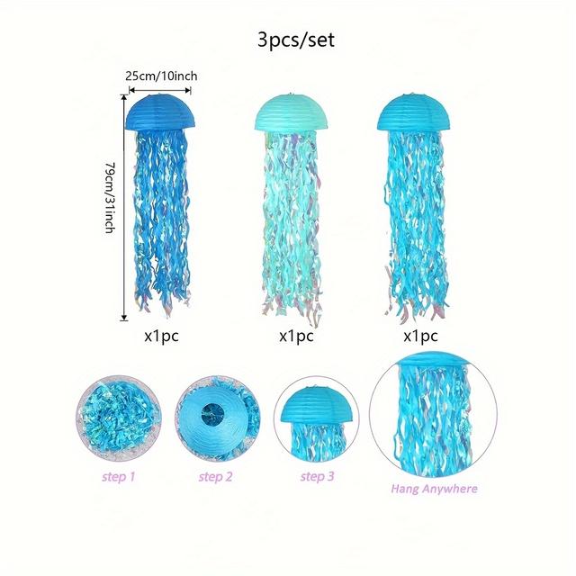 TEMU 3 قطع، ورقية بتدرج ألوان البحر 25 سم، ديكور حفلات بحرية بثيمة حورية البحر الزرقاء، زينة عيد ميلاد أو استقبال مولود، غرفة أطفال، 3 في المجموعة