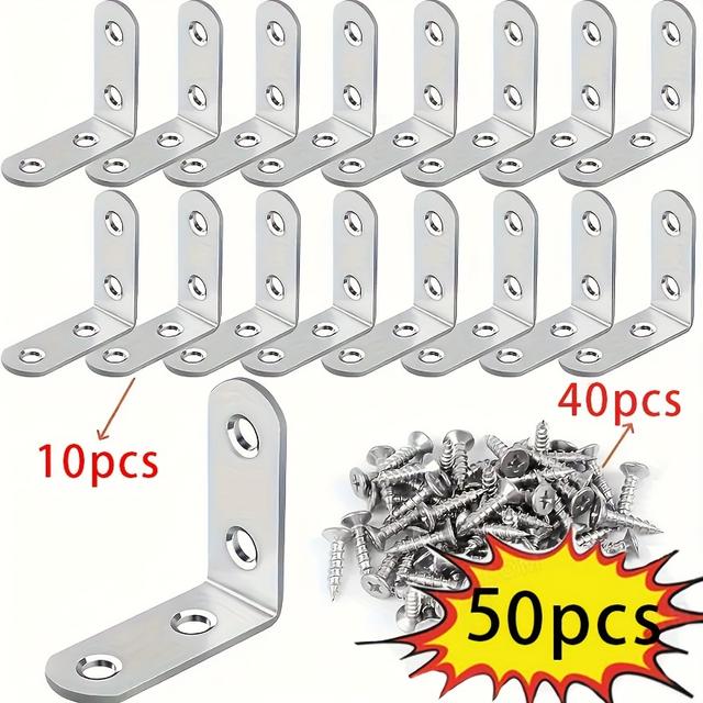 TEMU 50 Piezas de Soporte en L de Acero Inoxidable (10 Soportes + 40 Tornillos), Ángulo Recto de , 1.57x1.57 Pulgadas, Ideal para Estantes, Sillas, Mesas y Muebles, Montaje de Mobiliario