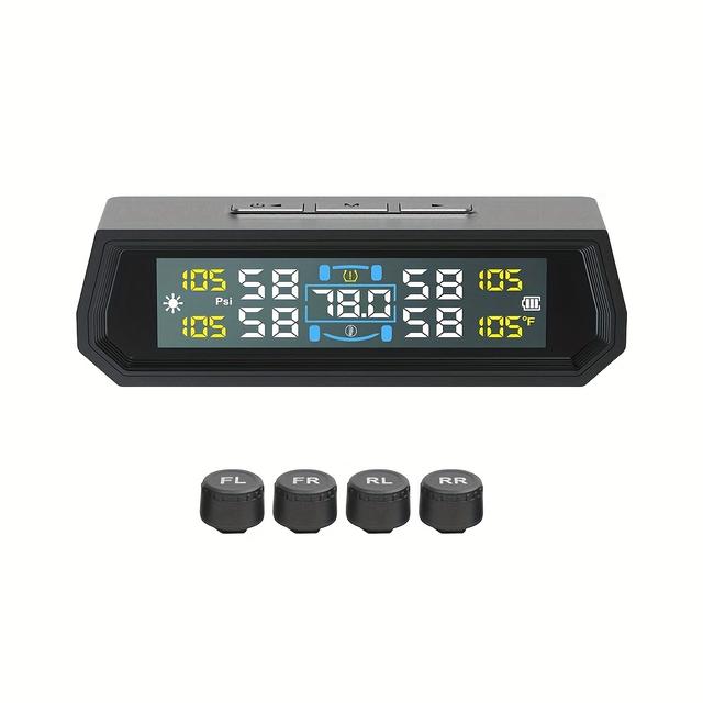 TEMU A Solar-powered, Type-c Charging Wireless Tire Pressure Monitoring System Kit, Featuring An External Sensor For Monitoring The Internal Temperature Of The Vehicle