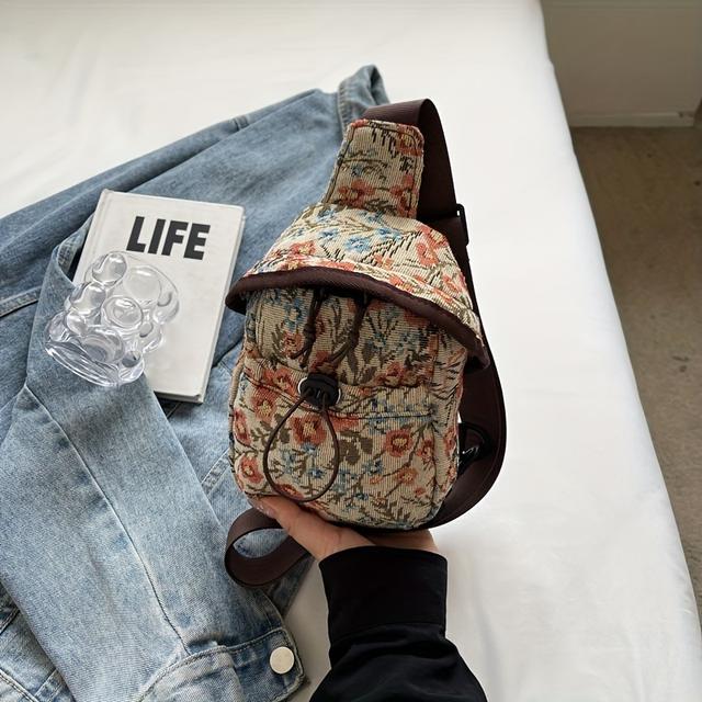 TEMU Fashionable Women's Fabric Floral Chest Bag With Bohemian Embroidery, Mini Large Capacity For And Phone, Crossbody Style