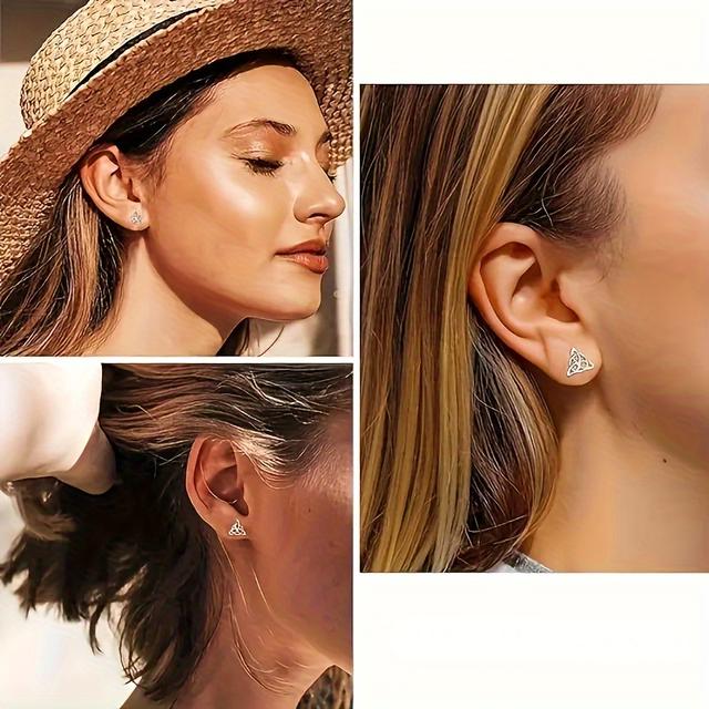 TEMU Pair Of S925 Silver Celtic Earrings, Women's Low-allergy Triangular Ear Studs Suitable For And Gifting, Weight 3g