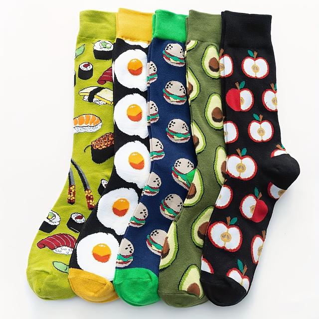 TEMU 5-pair Women's Medium Socks Pattern Fried Men And Women Can Wear Trendy Casual Round Neck Socks Suitable For Daily Life