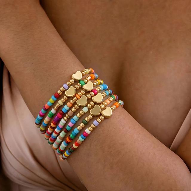 TEMU A Set Of 7pcs Featuring A Bohemian Style With Colorful Acrylic Beads And Heart Elements, Perfect For Women To Wear At Daily Parties Or As A Gift For Girlfriends