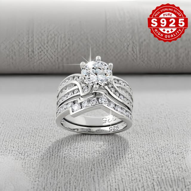 TEMU 2pcs S925 Elegant Engagement Set Ring, Set With High-quality Sparkling Synthetic 3a Zirconia, Suitable For Birthdays, Weddings, And Holidays, Making It The Perfect Jewelry Gift For Women