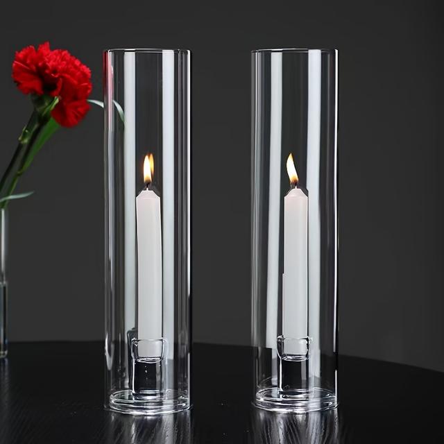 TEMU High Borosilicate Glass Candle Holders, Windproof, Simple Nordic Style For Birthday Party Kitchen Home Decor, Transparent Glass