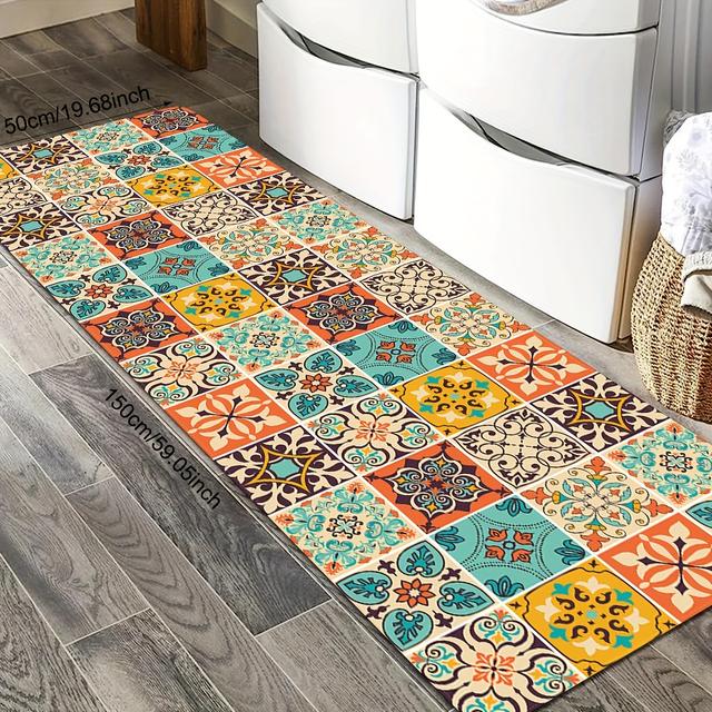 TEMU 1pc Kitchen Mat, Bohemian Style Elements Printed Pattern Mat, Polyester Non-slip Soft Mat, Suitable For Kitchen And Entrance, And Durable