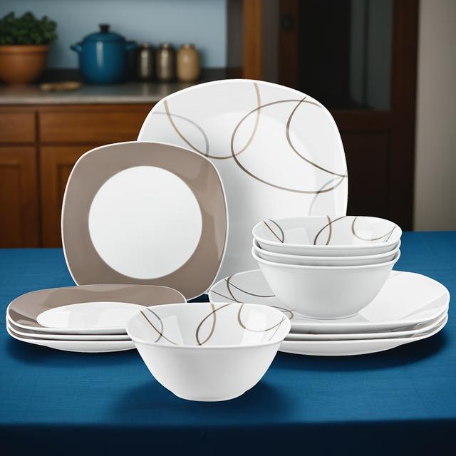TEMU 12-teiliges Abendessen-Set Weiß mit Braunen Linien, Quadratisches Porzellan Geschirr Teller Schüssel Set für 4 Personen