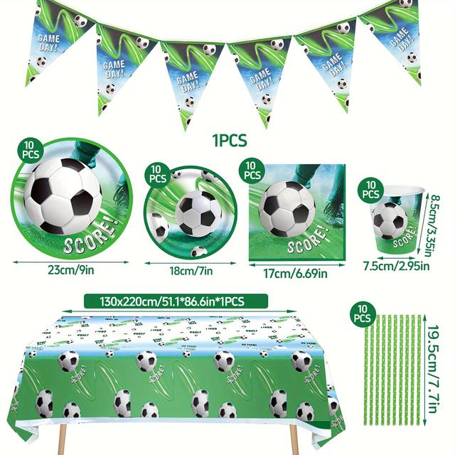 TEMU 52pcs Football Party Set For 10 People - Soccer-themed Disposable Tableware With , Straws, Cups, Plates & Napkins - Green & Design With Soccer Balls