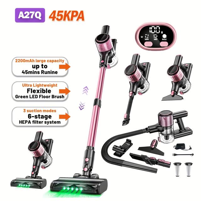 TEMU Cet aspirateur balai 10-en-1 polyvalent offre une forte aspiration, la commodité fil, une de 45 minutes, réglages d'aspiration, une lumière LED verte améliorée et une brosse anti-enchevêtrement.