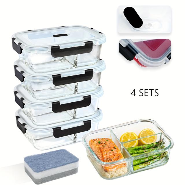 TEMU Set Of 4 Three-compartment Glass Food Storage Containers, 1040ml Set (with Air Valve), Suitable For Dishwasher, Microwave, And Refrigerator, Black Leak-proof Container With Sealed Lid