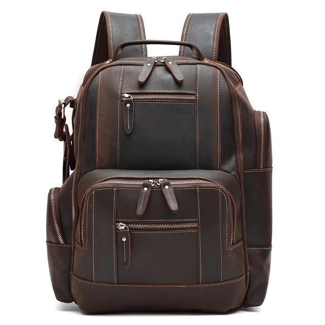 TEMU Men's Vintage Style Genuine Crazy Horse Leather Backpack, 15.6" Laptop Bag, Large Capacity Business Travel Hiking Top Layer Cowhide Adjustable Straps Daypacks