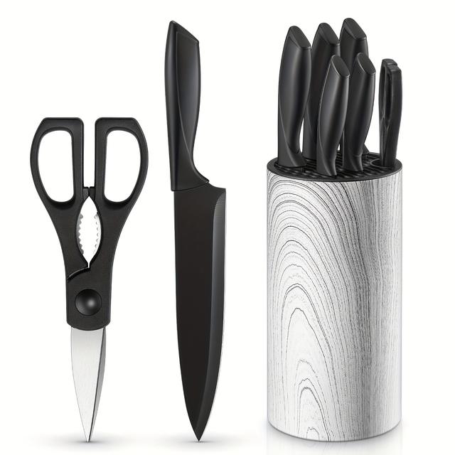 TEMU 7pcs Kitchen Set | Stainless Steel Knives With Black Handles, Detachable Round Upright Cylinder, Modern & Stylish Design For And Drying