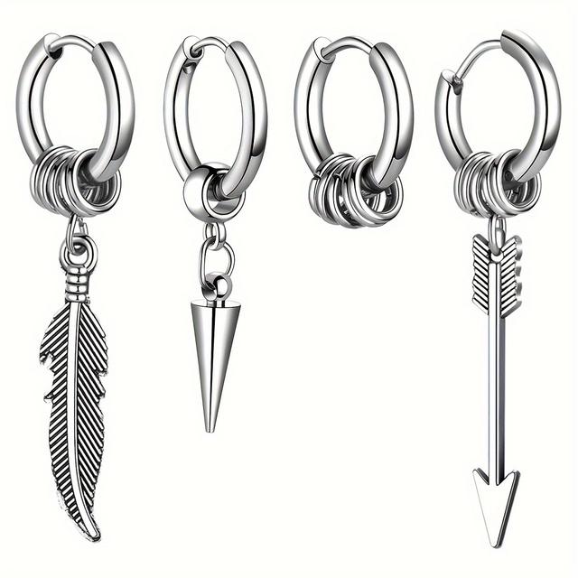 TEMU Men's And Women's 4pcs Punk Feather Arrow Hanging Hoop Earrings, Gothic Stainless Steel Earrings, Suitable For Daily Or Party Use, As Gifts