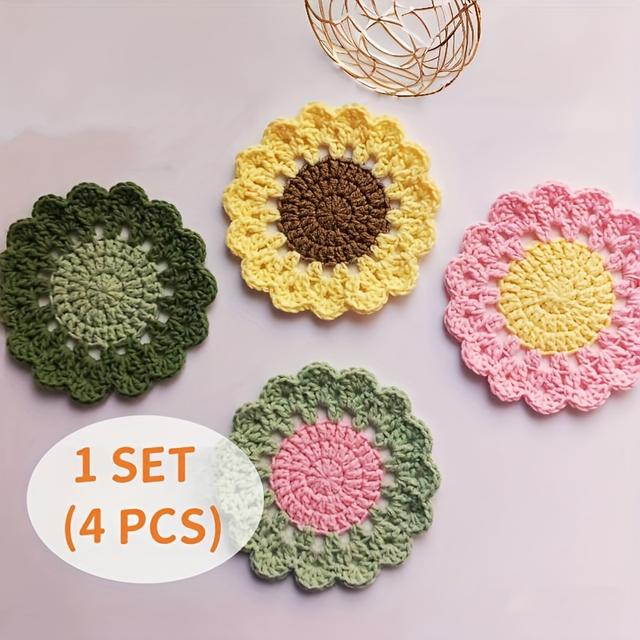 TEMU 4 st, Handgjorda Glasunderlägg, Roliga Rosa Blomglasunderlägg med Krukhållare, Virkade Mjuka Glasunderlägg för Nytt Hem eller Barbord