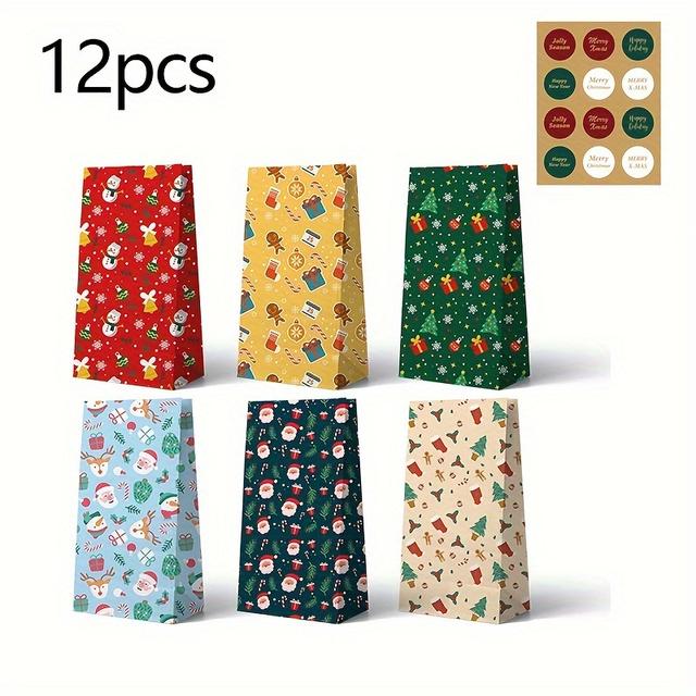 TEMU 12pcs Christmas Gift Bags With Santa, Tree & Snowman Designs - Perfect For Candy, Party Favors & Holiday Decorations
