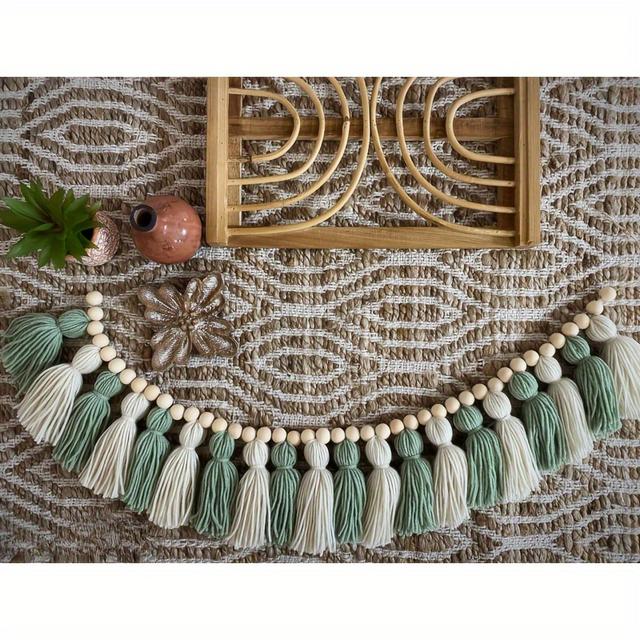 TEMU Bohemian Style Sage Green And Ivory Tassel Garland, Neutral Boho Wall Decor, Multi-purpose Party Banner, No Electricity Required