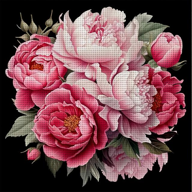 TEMU Kit de punto de cruz con peonías rosas | Perfecto para principiantes, relajación, alivio del estrés y | Poliéster, para todas