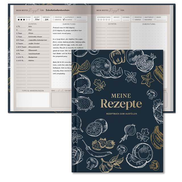 TEMU BIROYAL Handgeschriebenes Rezeptbuch A5 Format – 224 Seiten, 100 Lieblingsrezepte zum Selbermachen & Backen | Mein Rezeptbuch | Hardcover mit Marineblauem und Goldprägung