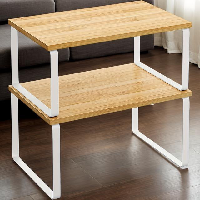 TEMU 2-pack Wood And Carbon Steel Kitchen Cabinet Organizers - Stackable Multipurpose Storage Shelves For Spices, Dishes, And Countertop Expansion - Non-food Contact Safe