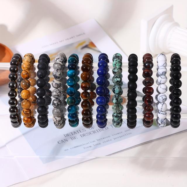 TEMU 12pcs Of Natural Stone Bracelets, 8mm Stunning Semi-precious Elastic Bead Bracelets, Unisex Adjustable - (color And Texture May )