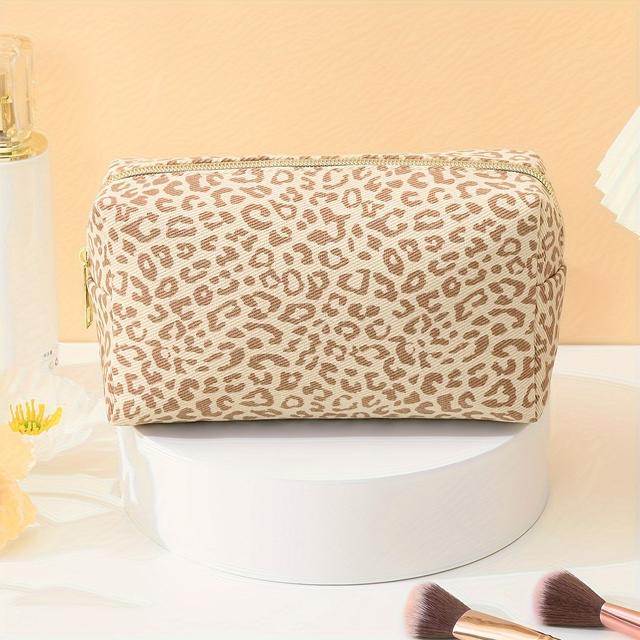 TEMU Leopardenmuster Leinwand Make-up Tasche, Große Kapazität Modische Tragbare Kosmetiktasche mit Reißverschluss, Stilvolle Reise-Kosmetiktasche