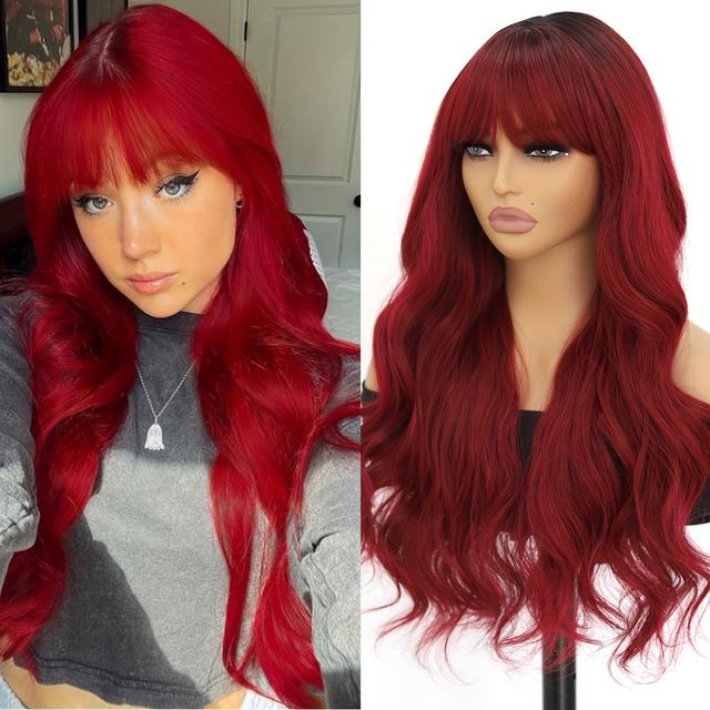 TEMU Ombre Red To Burgundy Long Curly Wig With Air Bangs - Heat Resistant Natural Synthetic Hair, 180% Density Body Wave Glueless Wig For Women, 26 Inch For Daily & Party Use