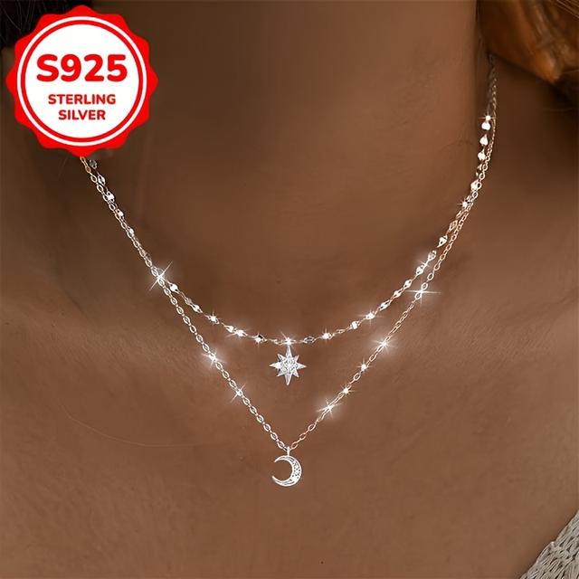 TEMU Women's Fashion Chain Necklace With Moon And Star Pendant, Double , 5.3g S925 Silver Casual Attire/vacation/holiday Gift, Ideal Present For