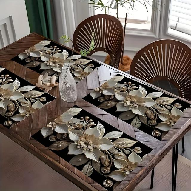 TEMU 4 Stück 3D-Druck-Placemats aus Leinen - Handwaschbare, gewebte, rechteckige Tischmatten mit schwarzem Hintergrund und Frühlingsblumenmuster, für Heim- und Restaurant-Dekor, Leinenmaterial