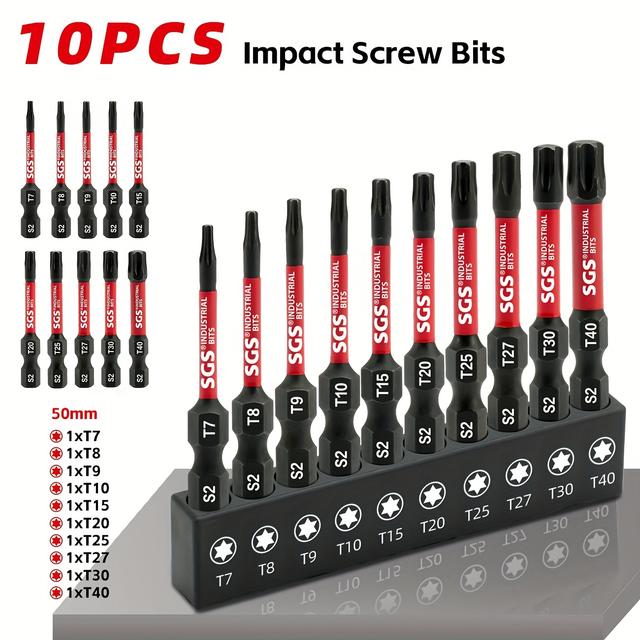 TEMU 10/20pcs Torx Screwdriver Bit Set With Magnetic Wear-resistant 50mm Long Shank, T7 T8 T9 T10 T15 T20 T25 T27 T30 T40 S2 /4" Handle, - Ideal For Home, Factory, Office Metalworking Tools
